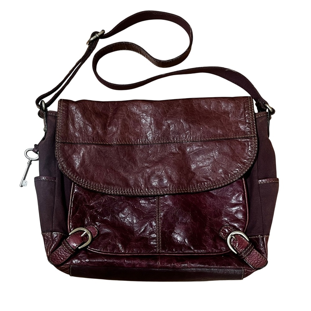 Y2K Fossil Long Live Vintage Burgundy Leather Canvas Crossbody Messenger Bag‎